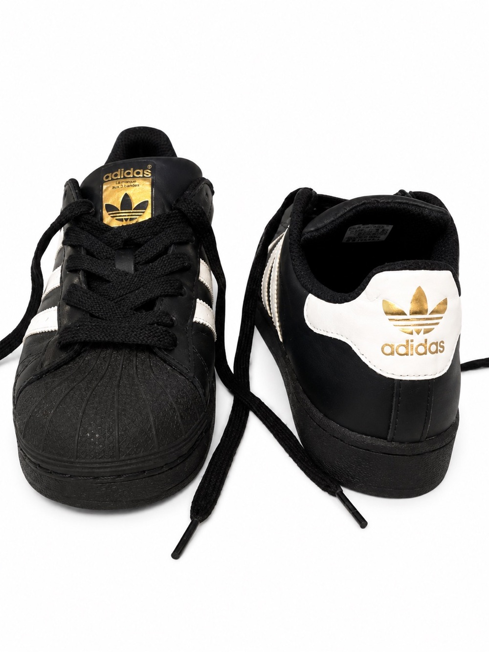adidas Black & White Shell Toe Sneakers with Gold Trefoil Sz 9.5